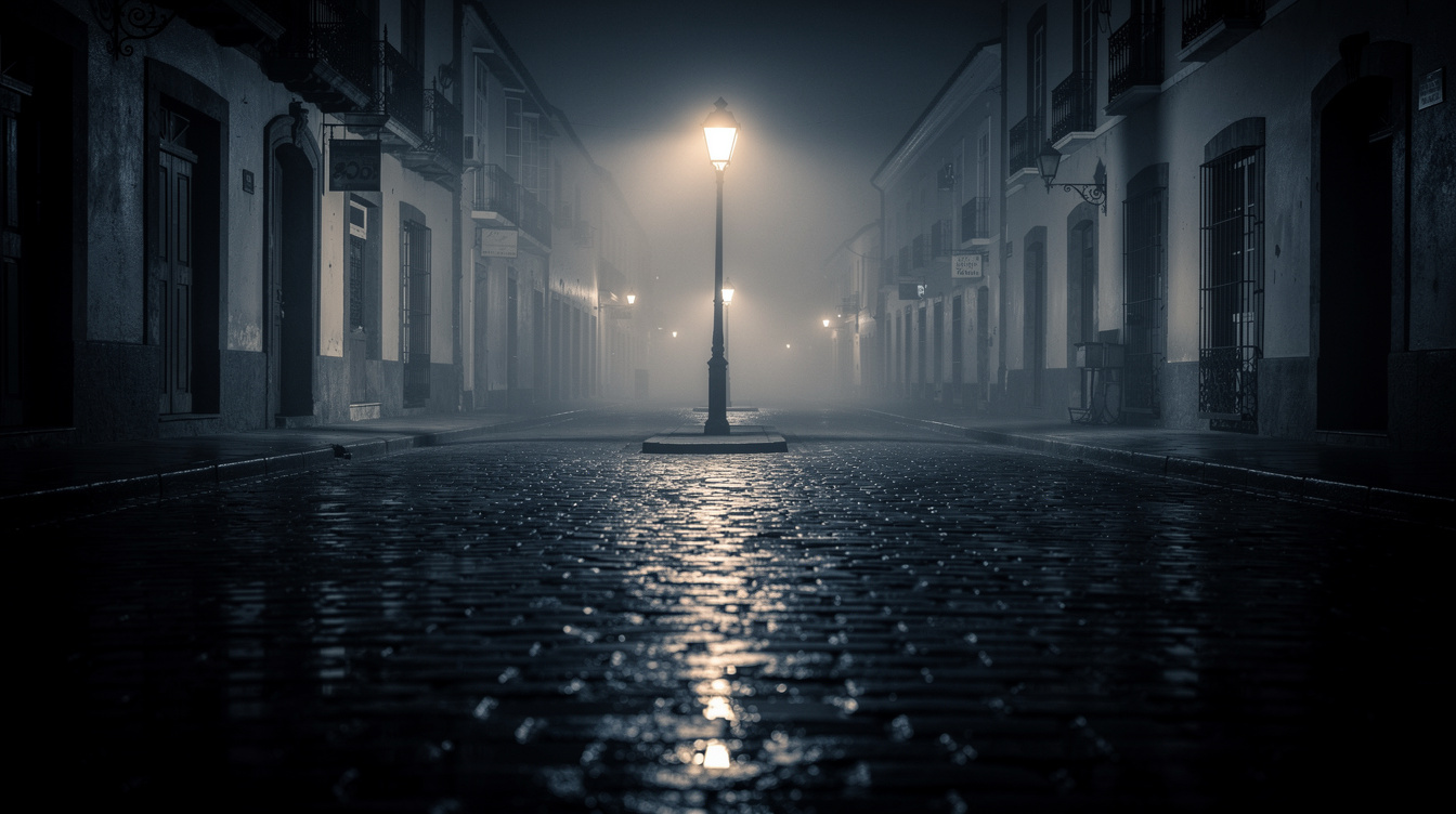 Empty city street at night lit by a single streetlamp with wet pavement