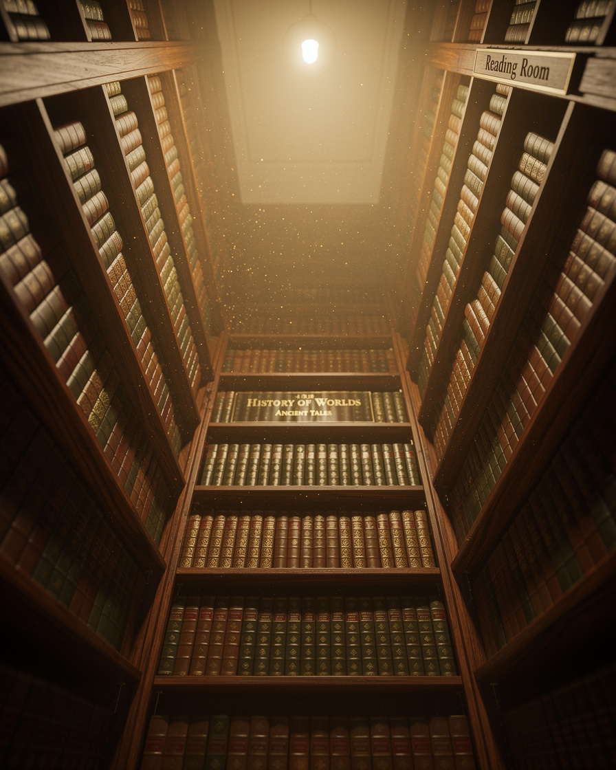 Tall wooden library shelves filled with old books
