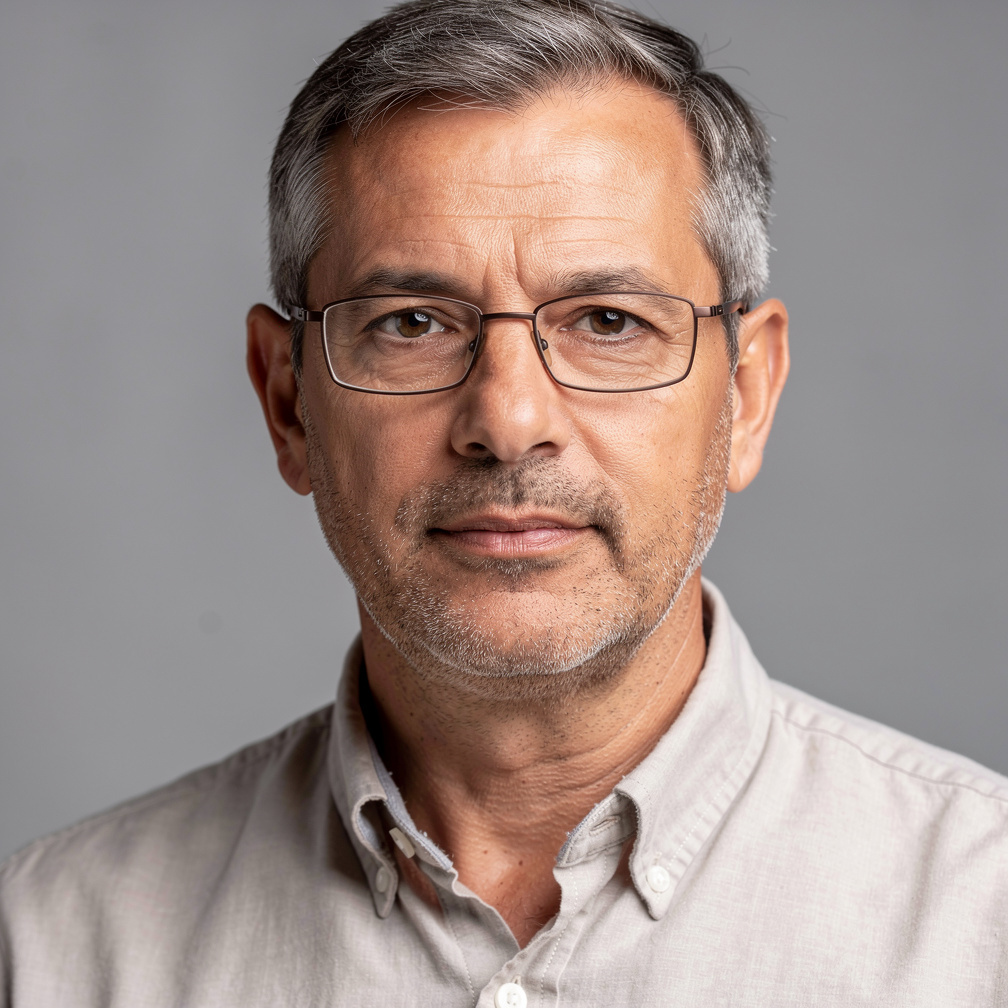 Studio portrait of a middle-aged Latin American man with glasses