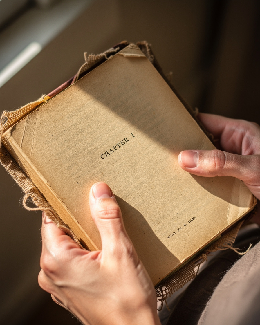 Person reading an old hardcover book by window light