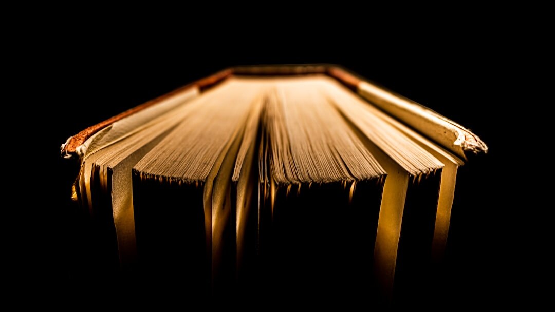 Open book with pages fanned out under warm lamp light